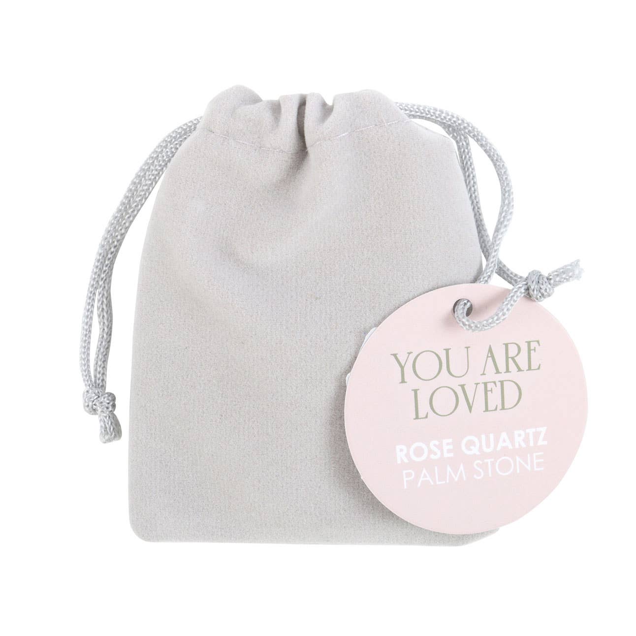 Handsten i rosenkvarts med texten 'You Are Loved'